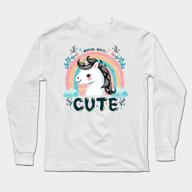 Cute unicorn with rainbow, flowers and clouds Long Sleeve T-Shirt by ilhnklv